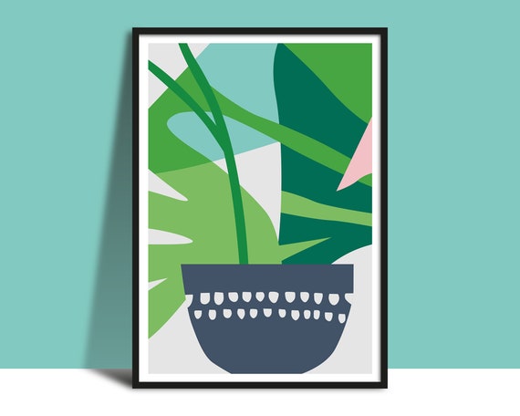 Houseplant Instant Printable Wall Art Botanical Graphic Floral Print Plant And Pot Bold Flat Colour Design Abstract Green Leaves
