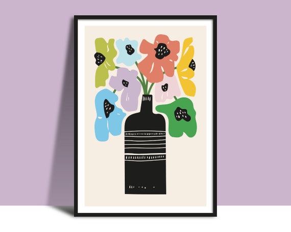 Bottle Vase Bright Flowers Wall Art Instant Printable Bold Modern Vase Illustration Poster Floral Minimalist Design