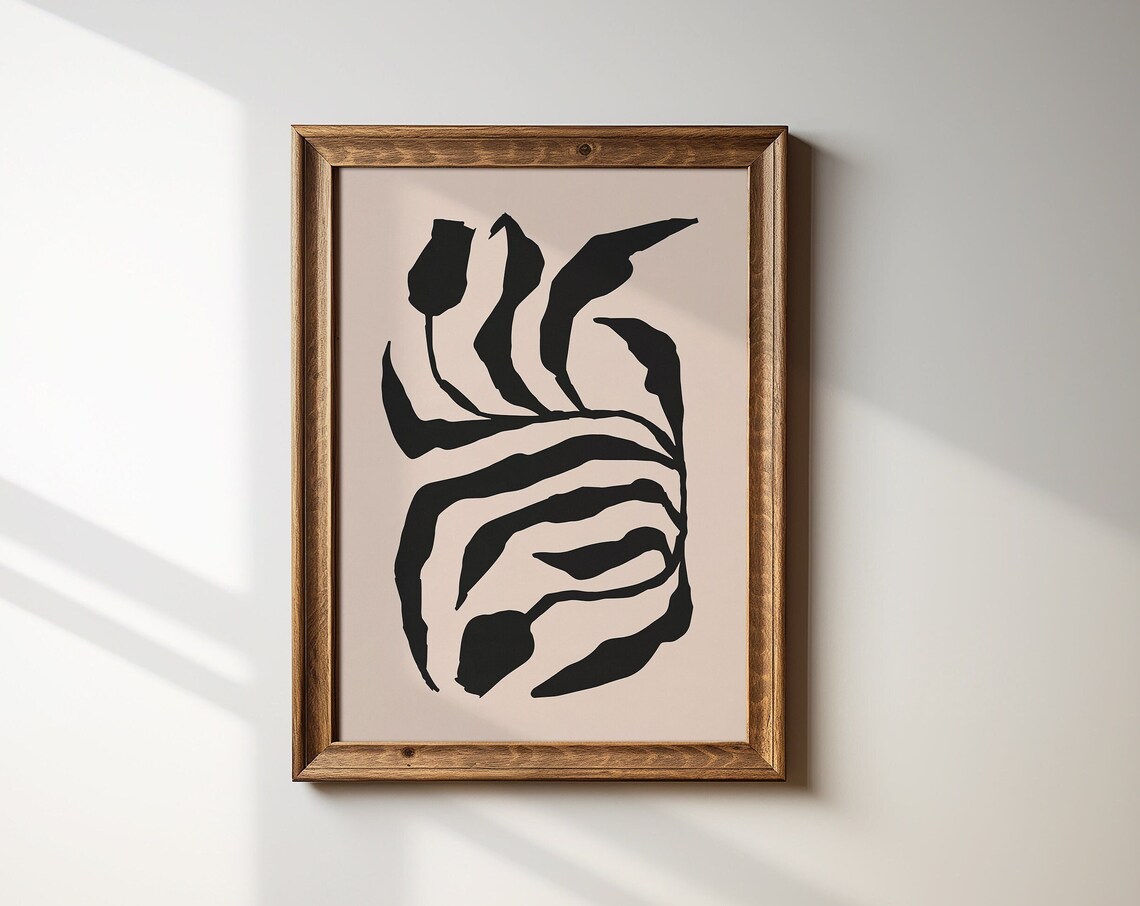 Black Brushstroke Bloom in Wooden Frame Abstract Floral Poster