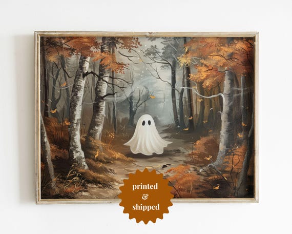 Little Ghost in Autumn Forest, Vintage Halloween Art Print
