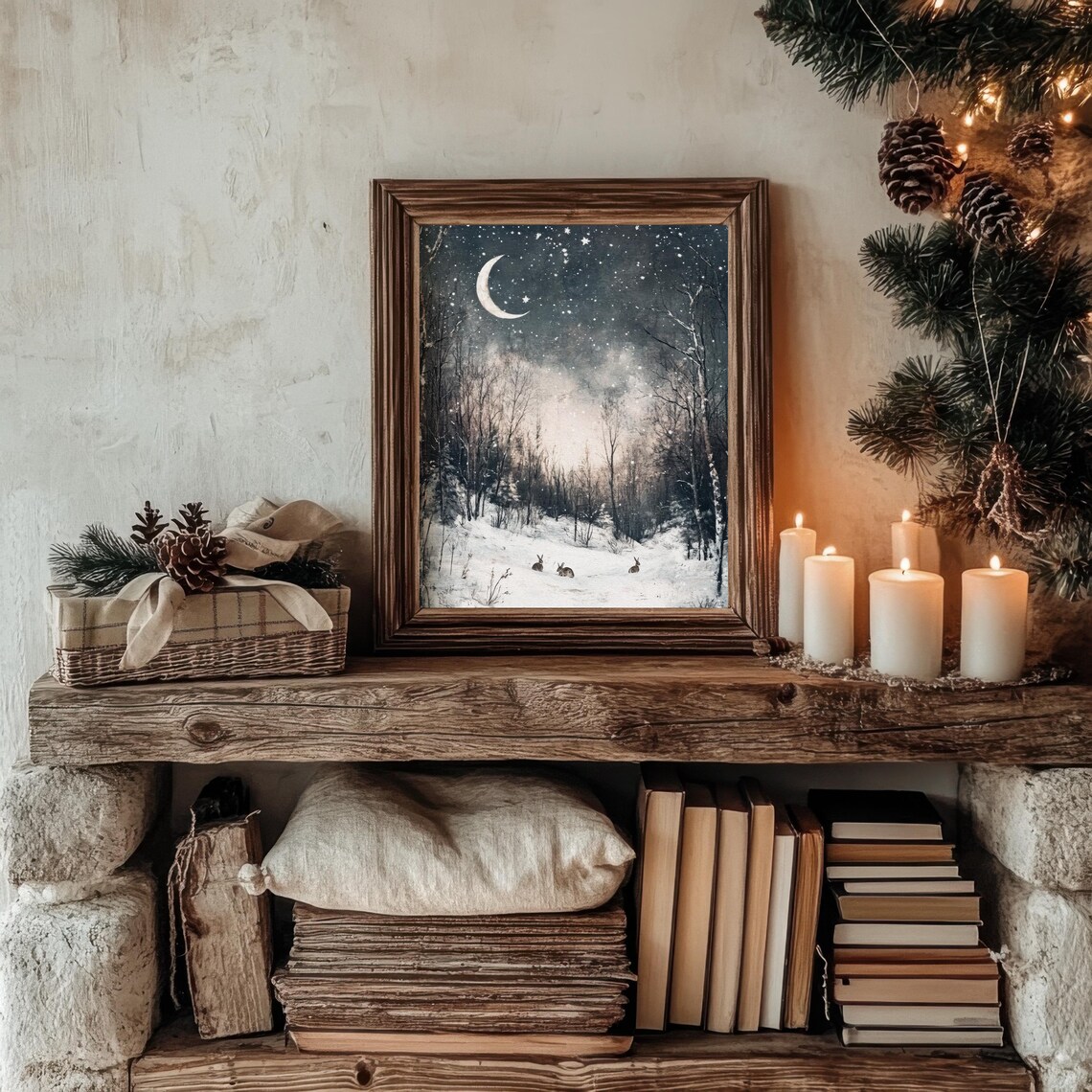 Winter Night Forest Rabbits Vintage Cottage Art Print - Image 3