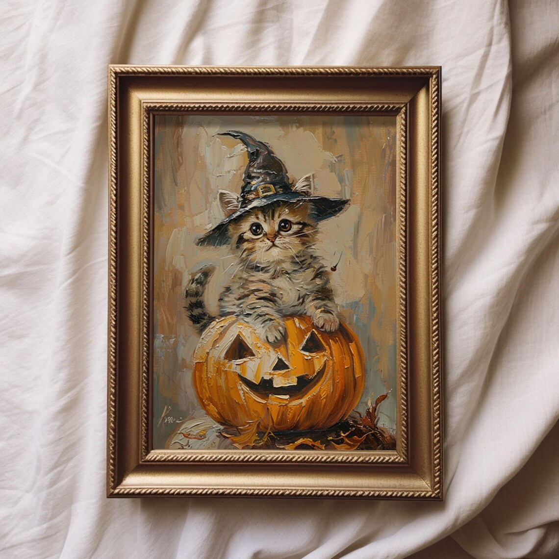 Tabby Kitten in Witch Hat Peeking Over a Jack-O-Lantern Poster - Image 2