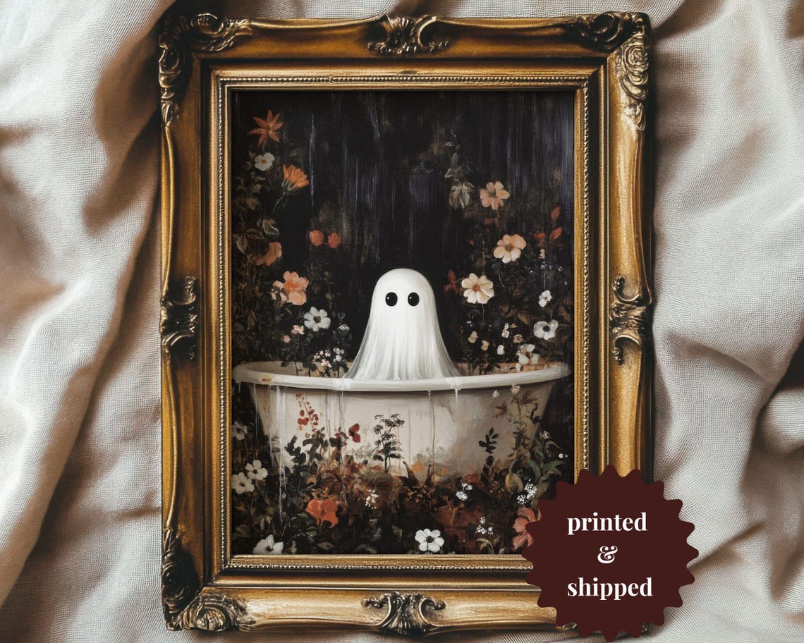 Whimsical Ghost in Bathtub, Vintage Halloween Poster