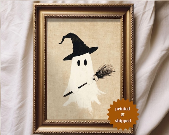 Witchy Ghost Holding Broom, Vintage Style Poster