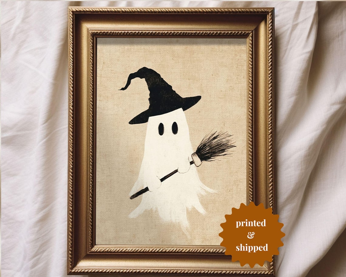 Witchy Ghost Holding Broom, Vintage Style Poster