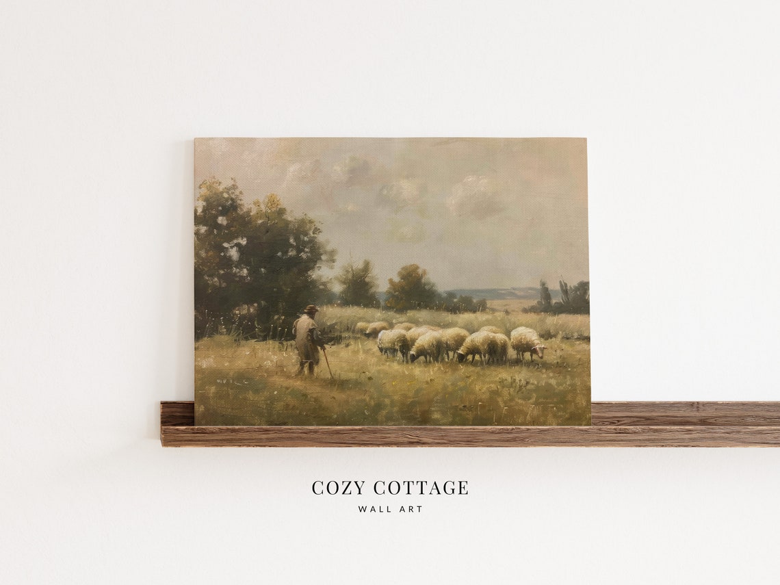 Shepherd And His Sheep Vintage Style Art Print - Image 2