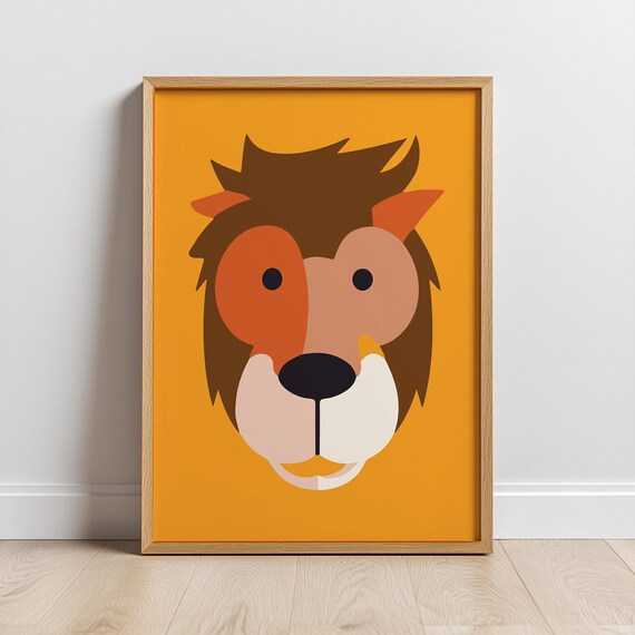 Minimalist Lion Face On Orange Nursery Kids Animal Illustration Poster