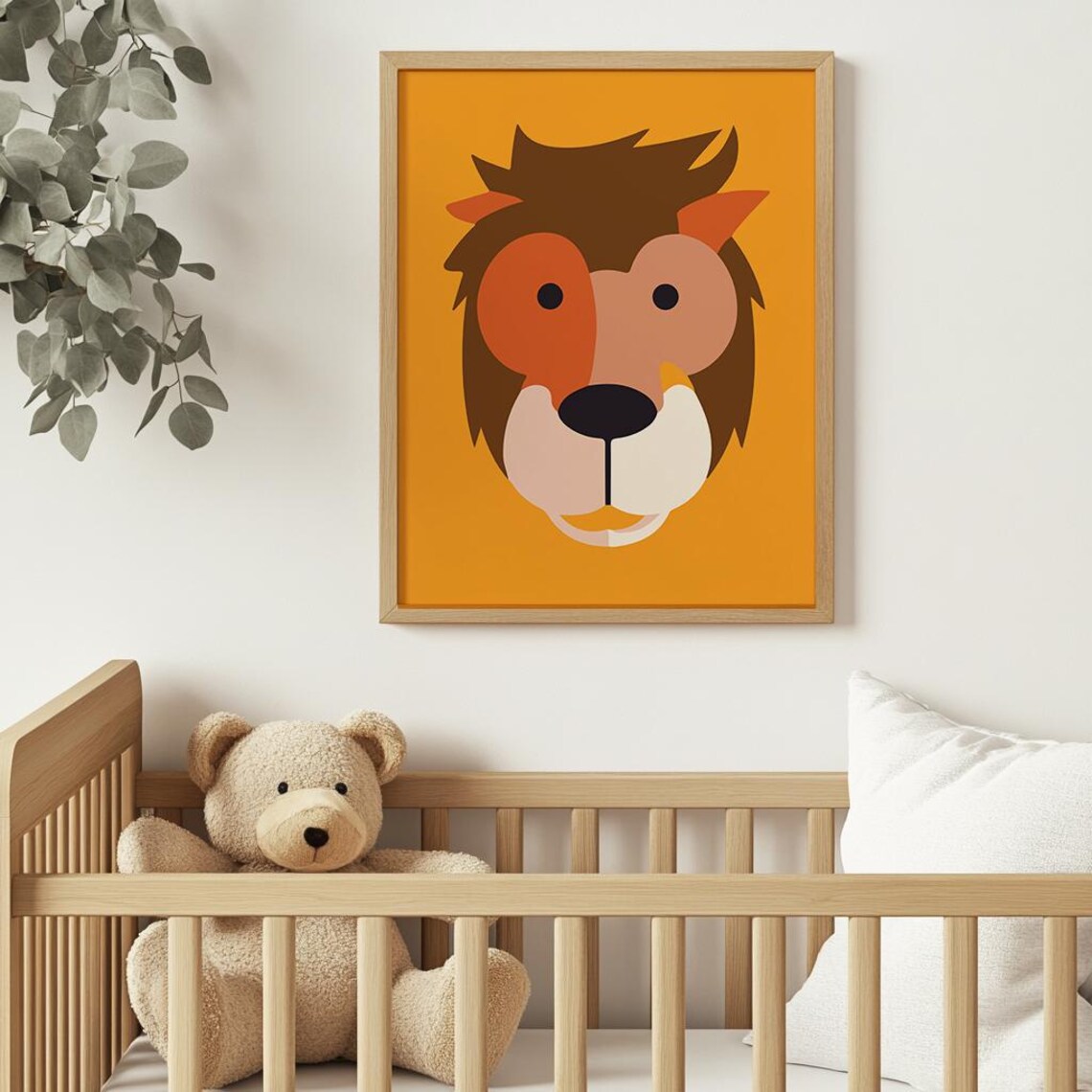 Minimalist Lion Face On Orange Nursery Kids Animal Illustration Poster - Image 2