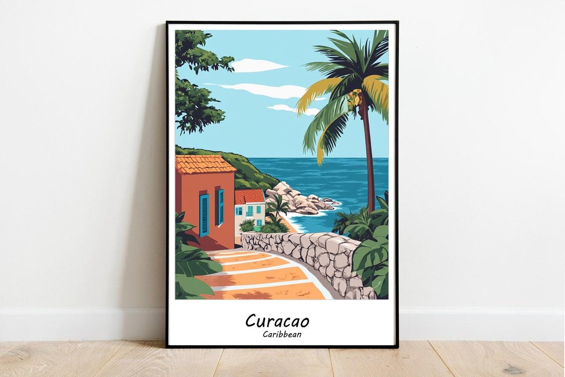 Sunny Curacao Caribbean Turquoise Bay Rocky Shore Travel Poster - Image 2
