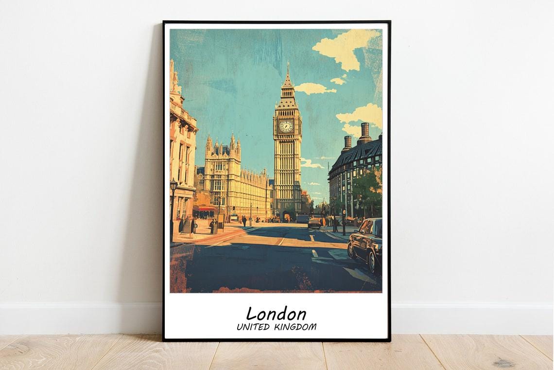 London Travel Print London England Travel Poster Traditional London Travel Print England London Retro Style Travel Colorful Poster
