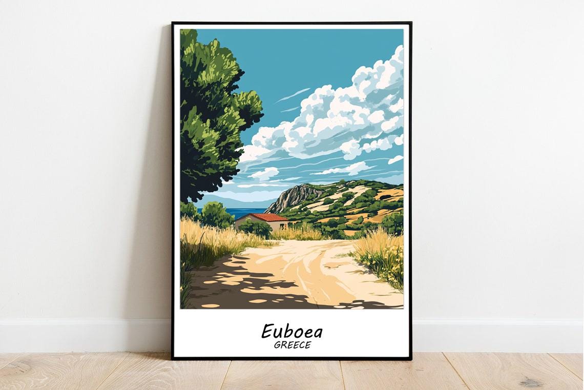Euboea Greece Scenic Cliffside Villa Aegean Coast Travel Poster - Image 3