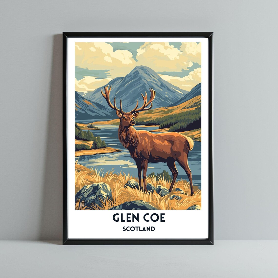 Glen Coe Scotland Red Stag Loch Mountain Vintage Travel Poster