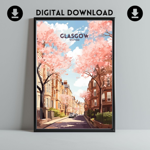 Glasgow West End In Spring Poster Art Scottish City Travel Cityscape Wall Home Decor Gift