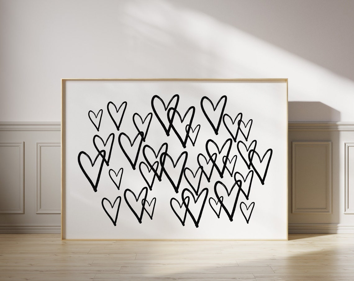 Hand Drawn Hearts Minimalist Poster Black and White Preppy Dorm Decor