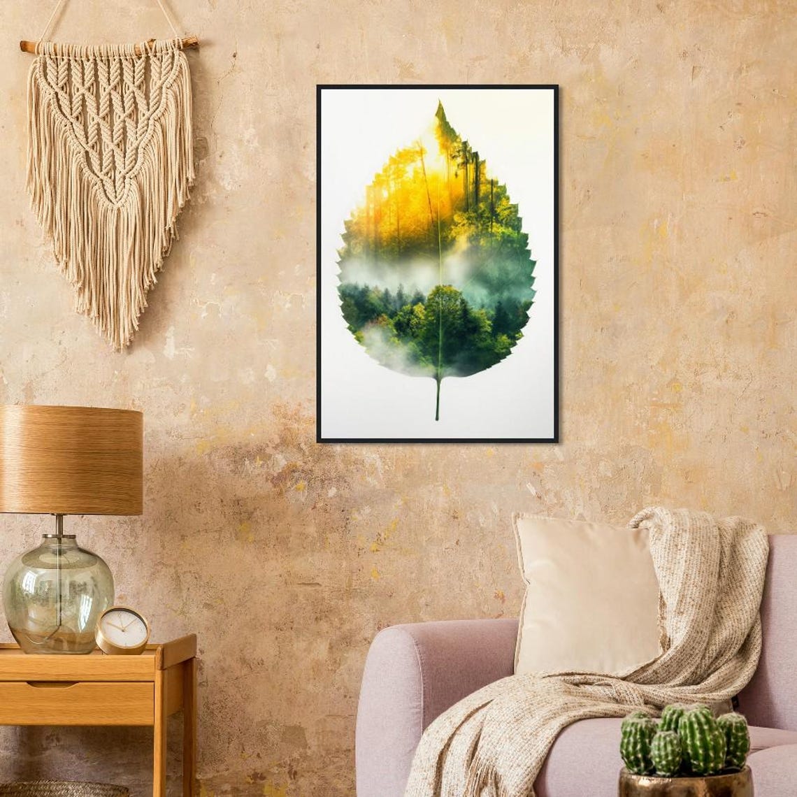 Green Leaf Double Exposure Misty Forest Sunlight Nature Art Poster - Image 2