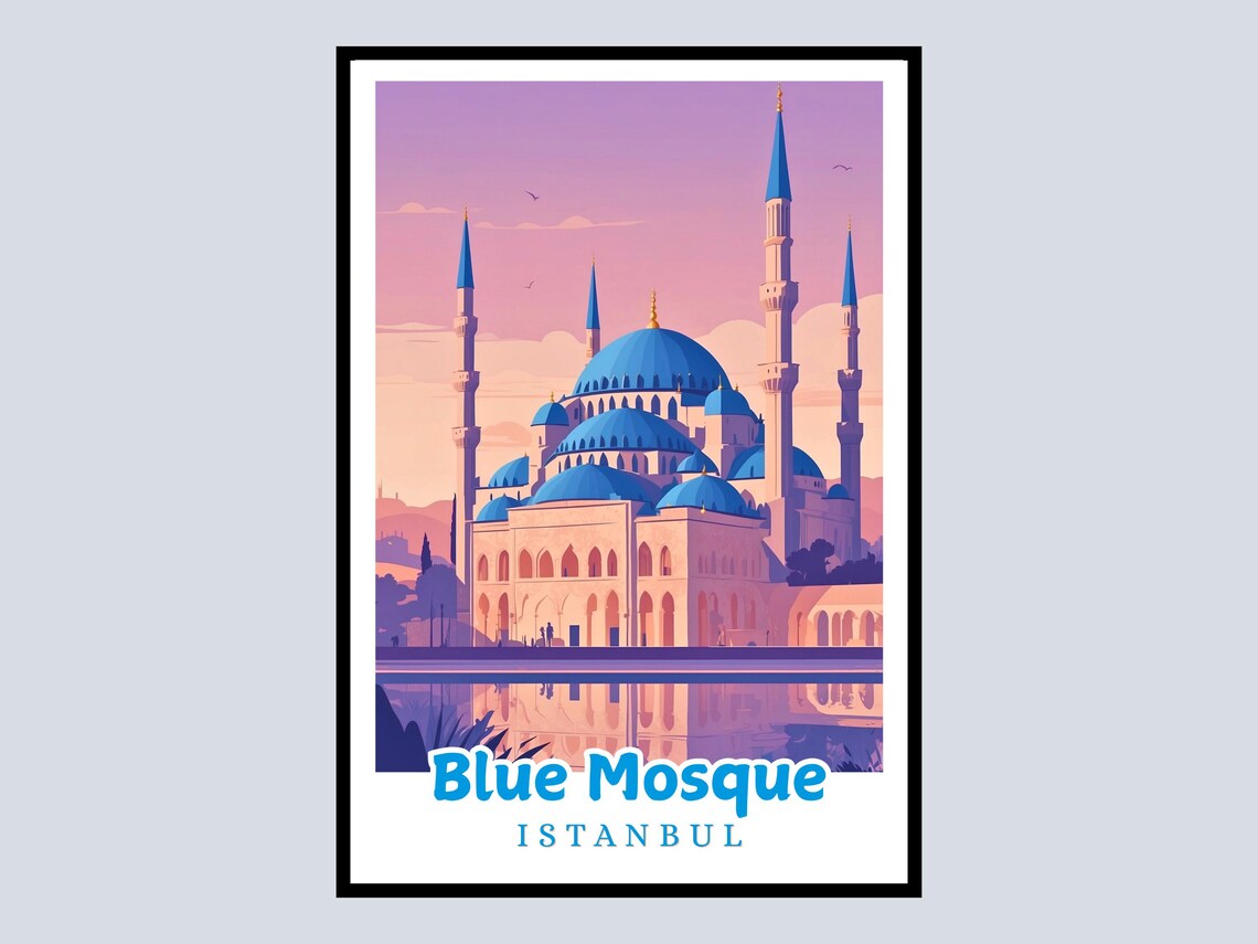Blue Mosque Istanbul Sunset Landmark Reflection Travel Poster