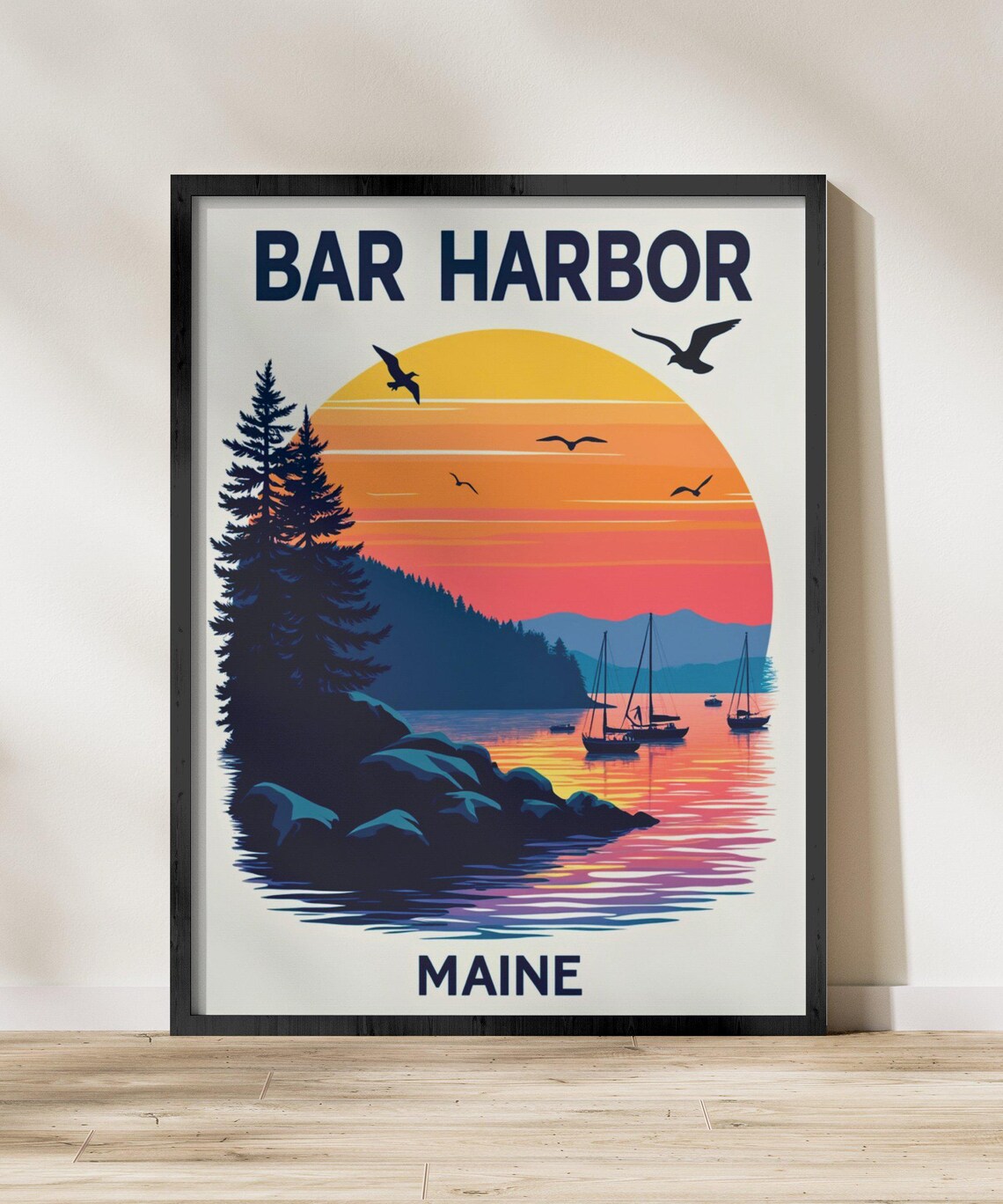 Bar Harbor Maine Coastal Sunset Sailboats Pines Travel Poster - Image 2