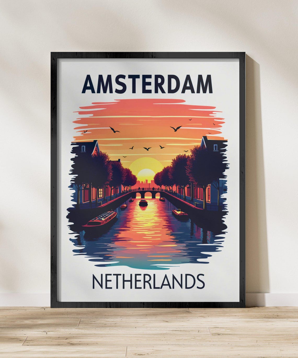 Amsterdam Netherlands Canal Sunset Boats Bridge Travel Poster - Image 2