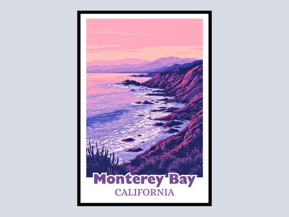 Monterey Bay Framed Poster Travel Art Coastline Sunset Landscape Gift Wall Home Decor