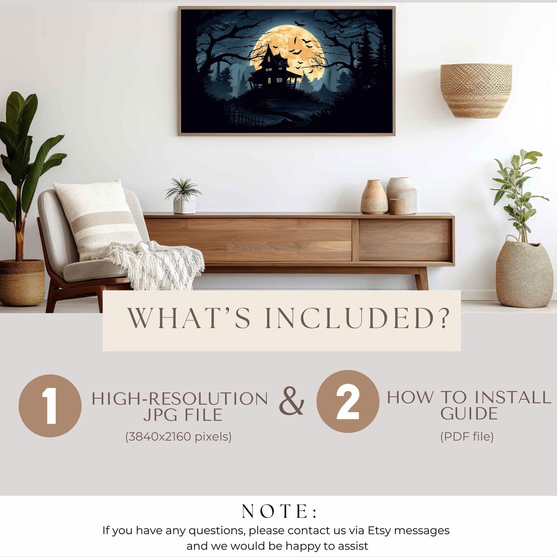 Haunted House Silhouette Under A Giant Orange Moon And Bats Poster - Image 2
