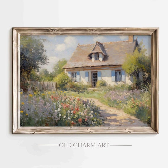 Cottage Oil Painting Summer Country Landscape Print Rustic Wall Art Farmhouse Art Poster Wa98
