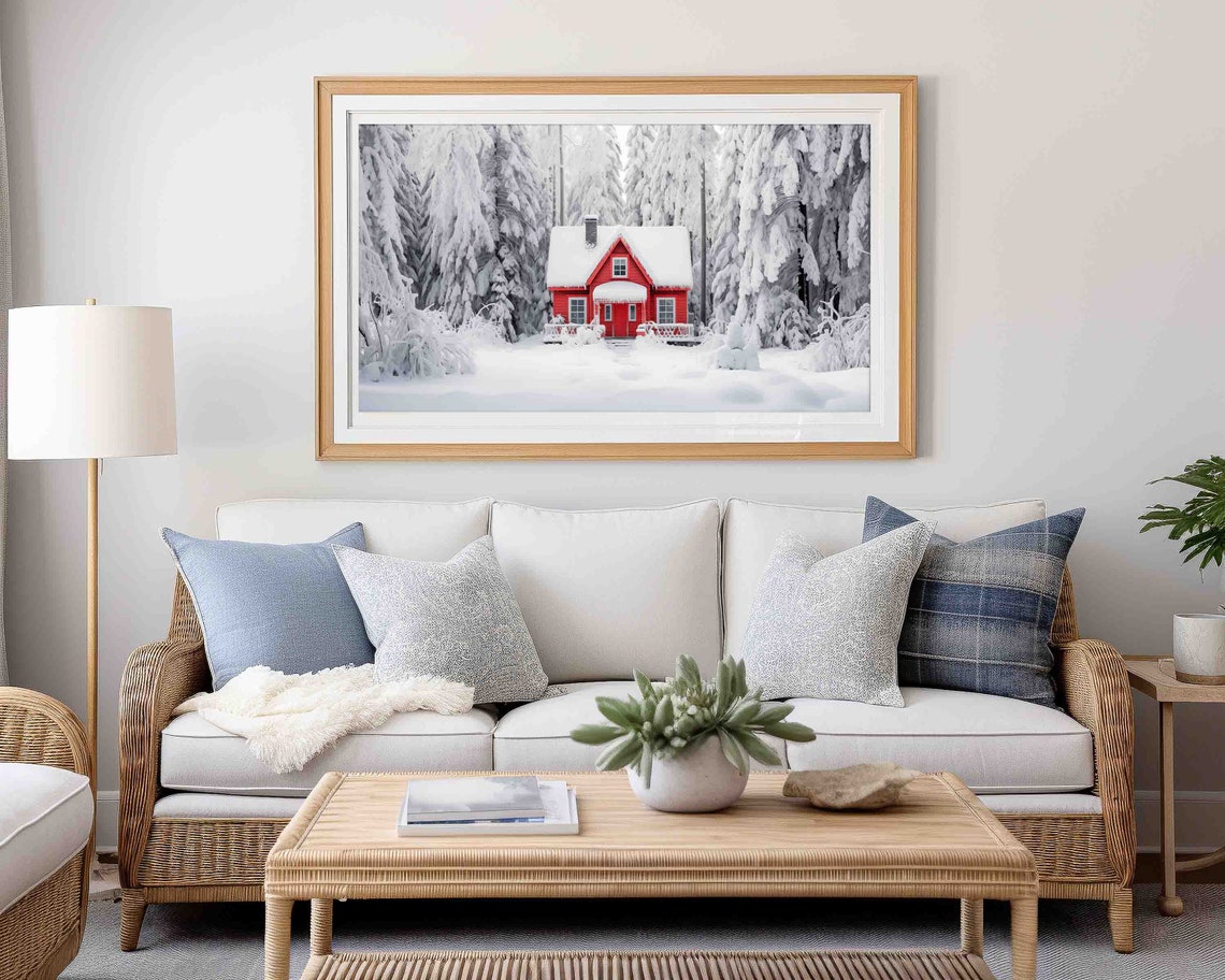 Cozy Red Cabin Winter Snow Scene Digital Frame TV Art Wall Print - Image 2