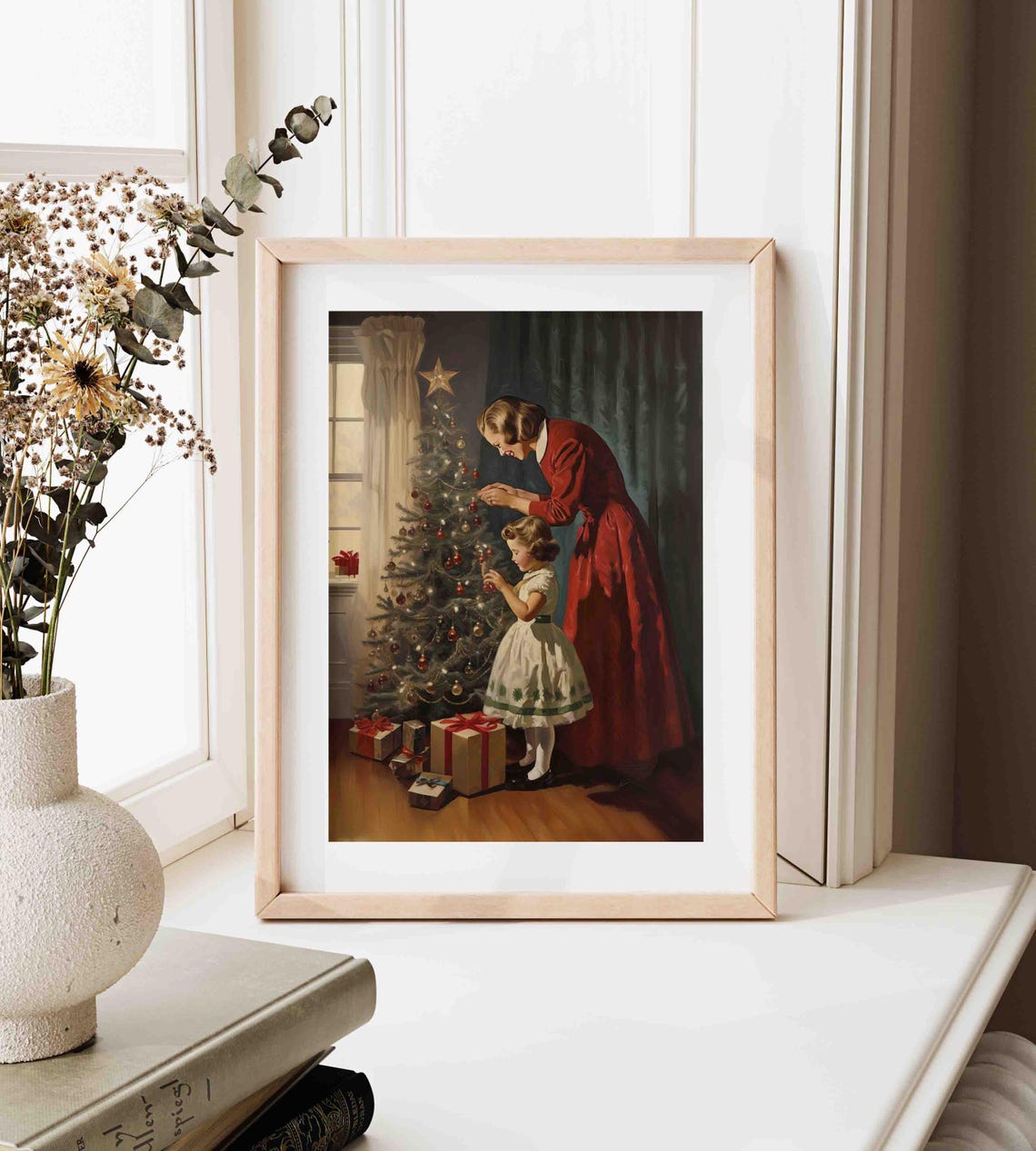 Loving Mother and Daughter Decorating Christmas Tree Vintage Poster - Image 3