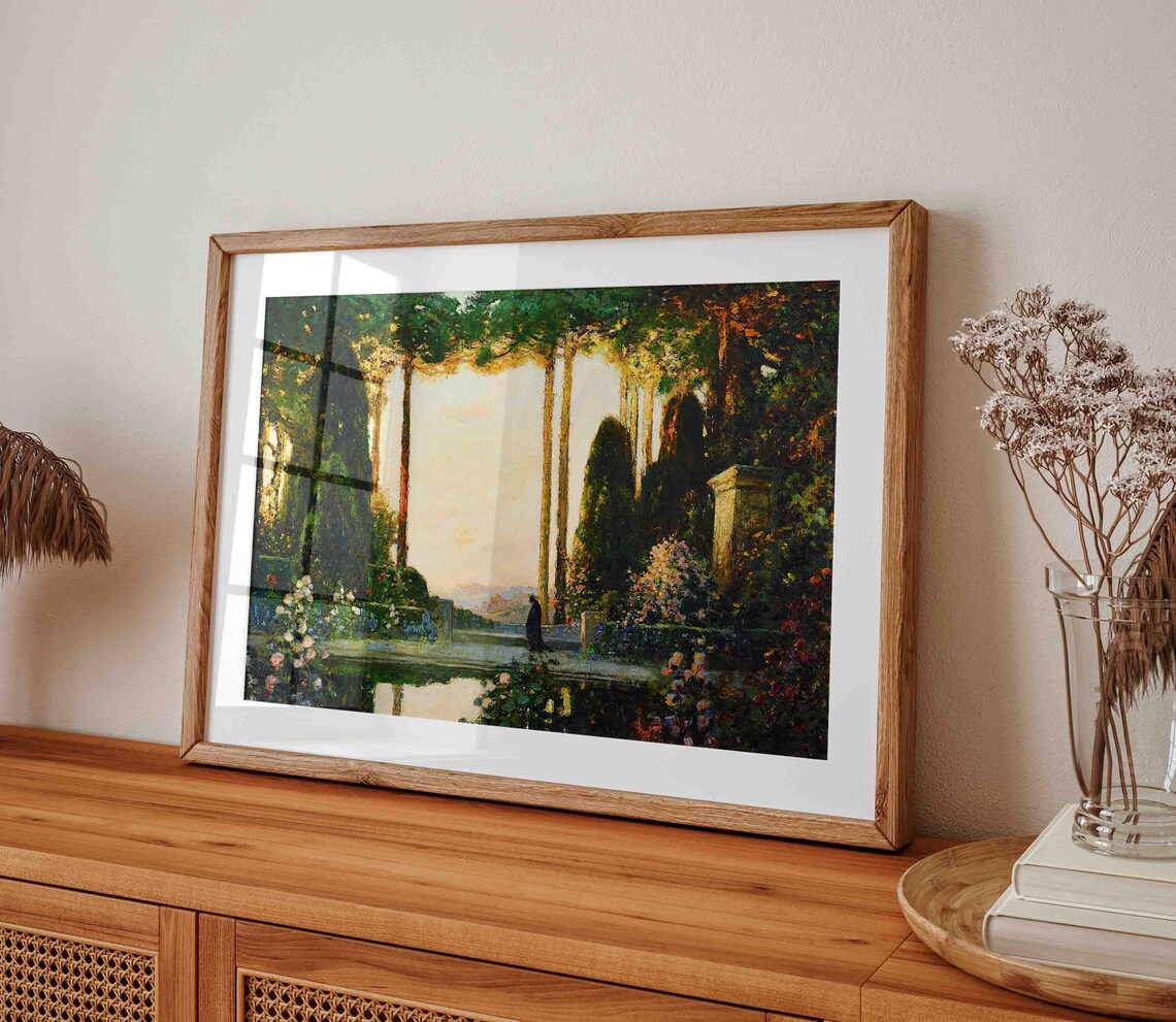 Italian Terrace Garden Cypress Trees Reflecting Pool Sunset Poster - Image 3