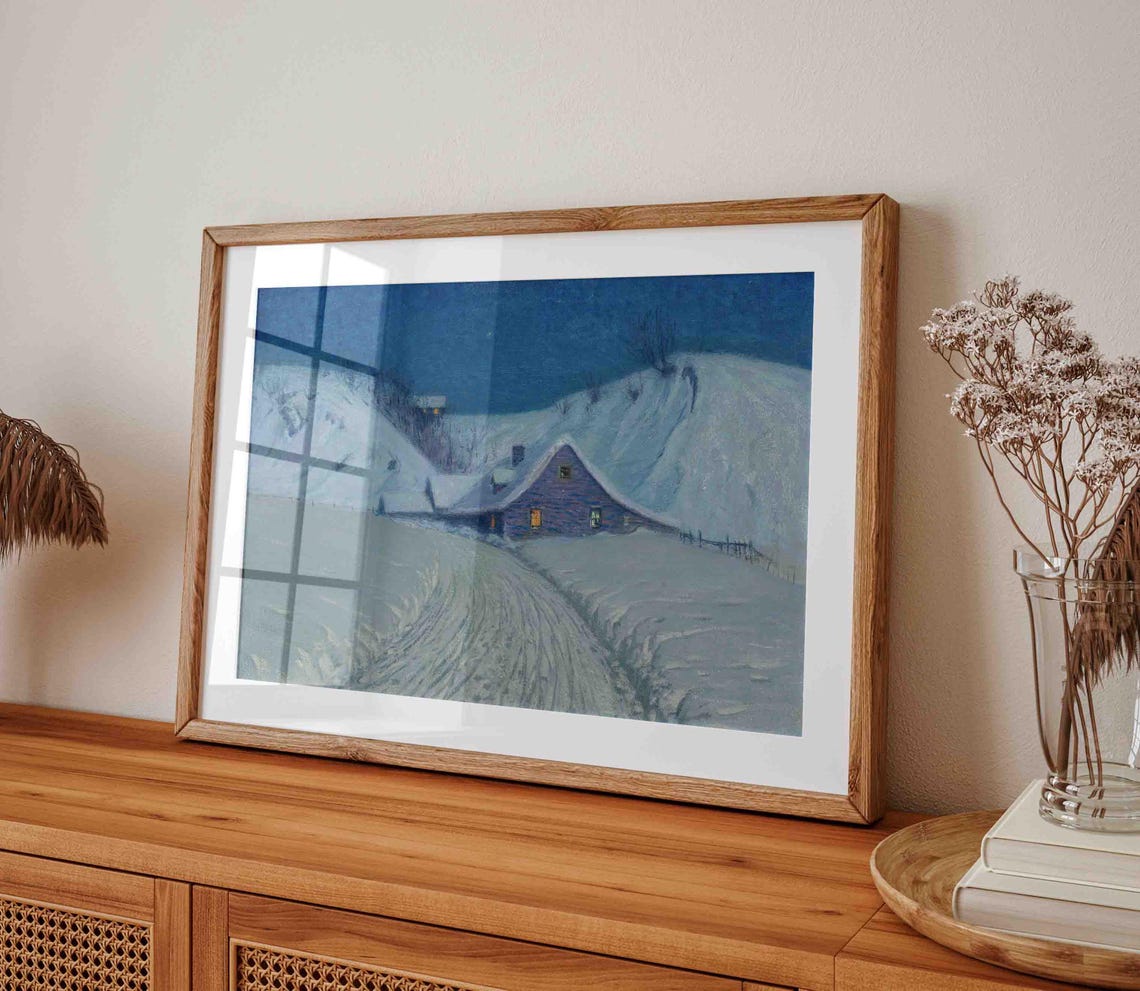Winter Night Cabin Snowy Hills Glowing Windows Painting Poster - Image 3