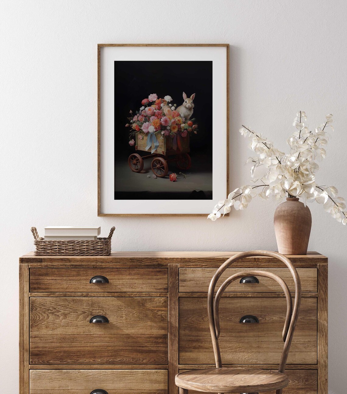 Bunny in Vintage Flower Cart Full Bloom Dark Background Wall Art Poster - Image 4