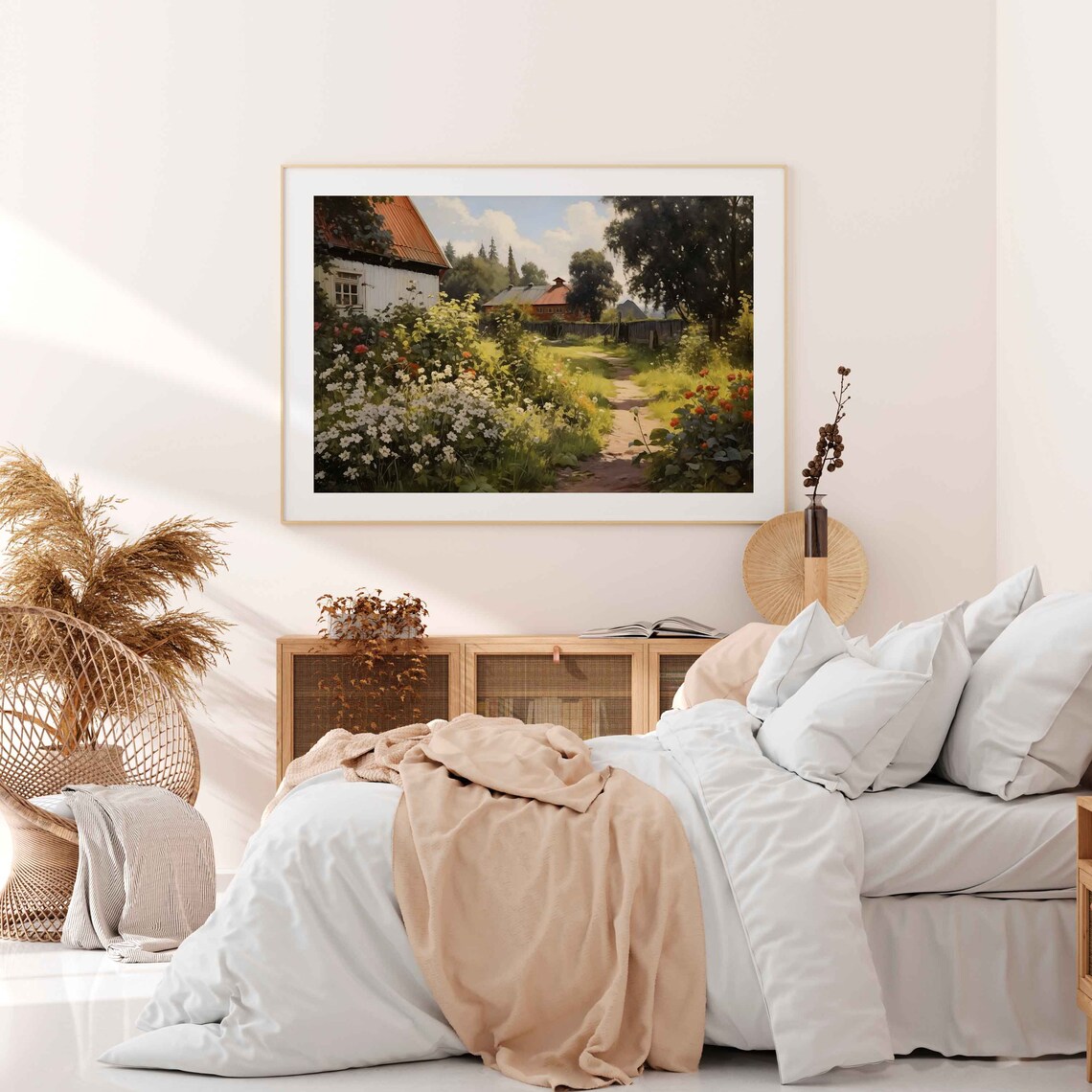 Cottage Garden With White Wildflowers and Red Barn Summer Poster - Image 4