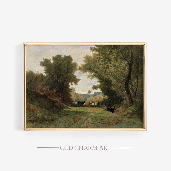 Vintage Country Landscape Print Antique Rustic Landscape Painting Farmhouse Wall Art Wa236