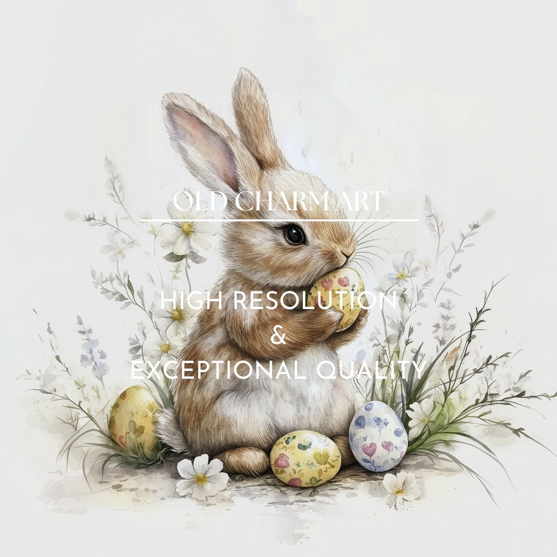 Watercolor Bunny Holding Easter Egg Wildflower Spring Nursery Art Poster - Image 2