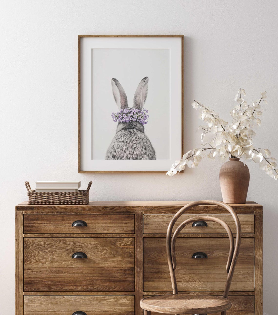 Bunny Back View Lavender Flower Crown White Minimalist Wall Art Poster - Image 4