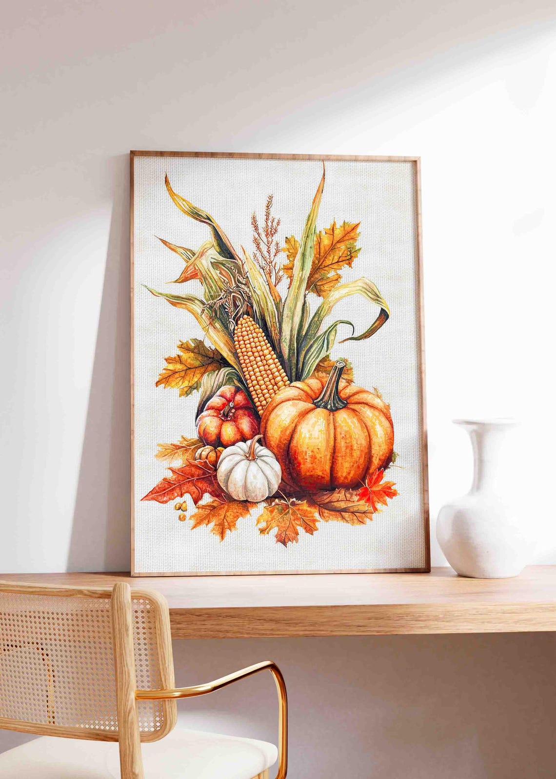 Autumn Pumpkin And Corn Bouquet With Fall Leaves Watercolor Poster - Image 4