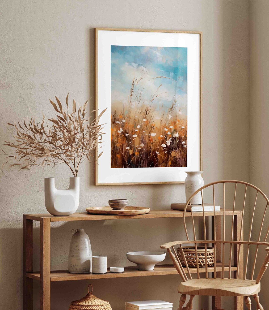 Bright Wildflower Meadow Tall Grasses Blue Sky Oil Painting Poster - Image 4