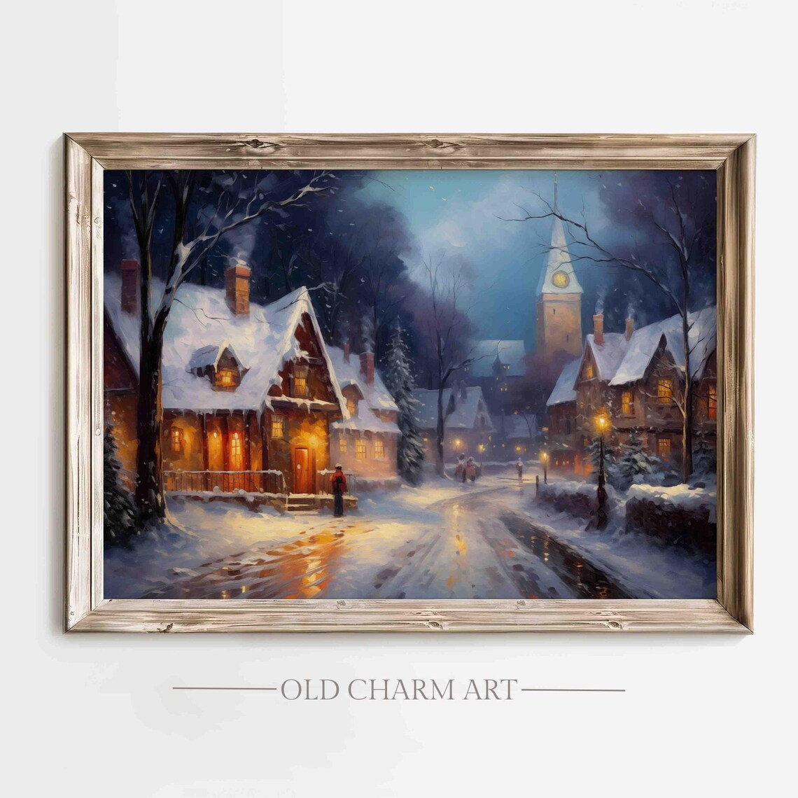 Snowy Village Night Church Steeple Glowing Lamps Painting Poster