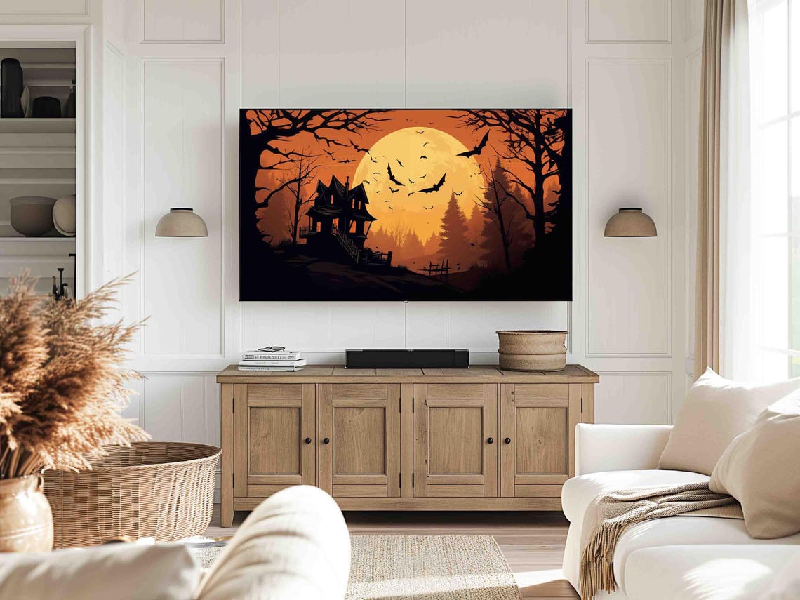 Haunted House Under An Orange Moon With Bats And Bare Trees Poster - Image 4