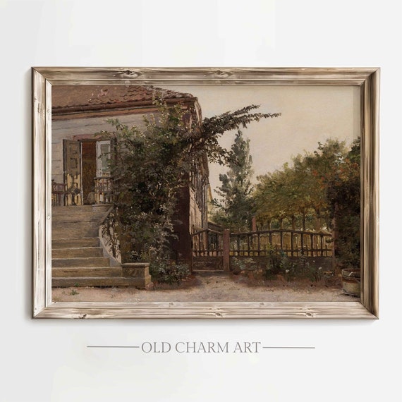 Old Cottage Painting Vintage Landscape Wall Art Summer Country Print Farmhouse Decor Art Wa93