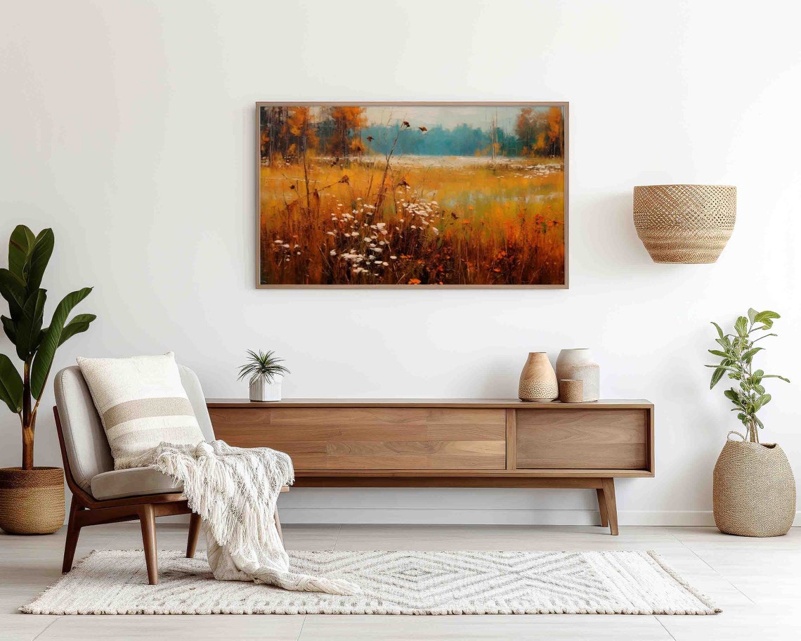 Golden Autumn Field With Wildflowers And Misty Blue Treeline Poster - Image 4