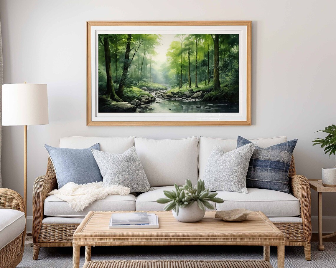 Misty Forest Stream Lush Green Woodland Watercolor Scene Poster - Image 2