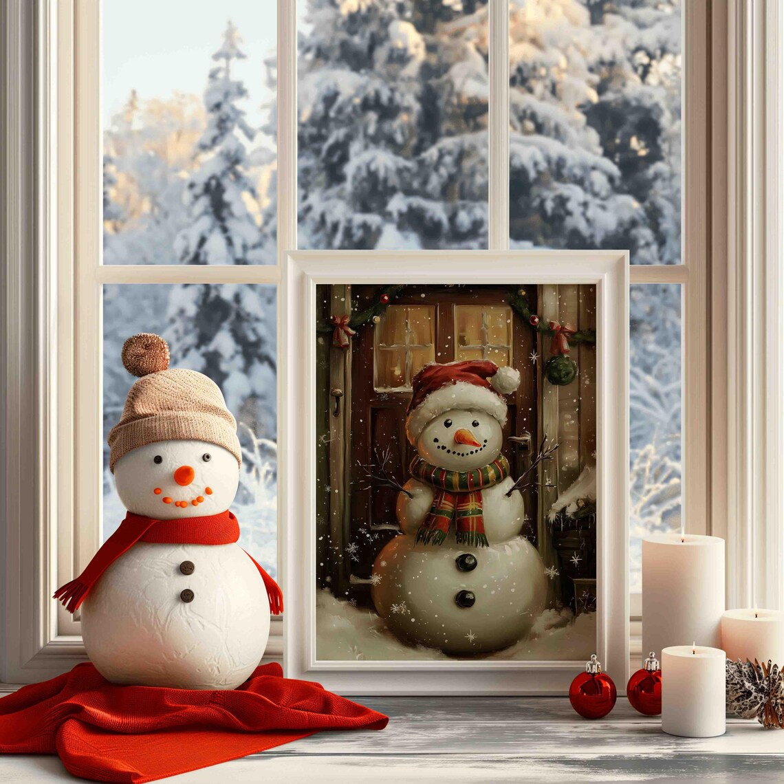 Cheerful Snowman In Santa Hat At Door With Garland Plaid Scarf Poster - Image 2