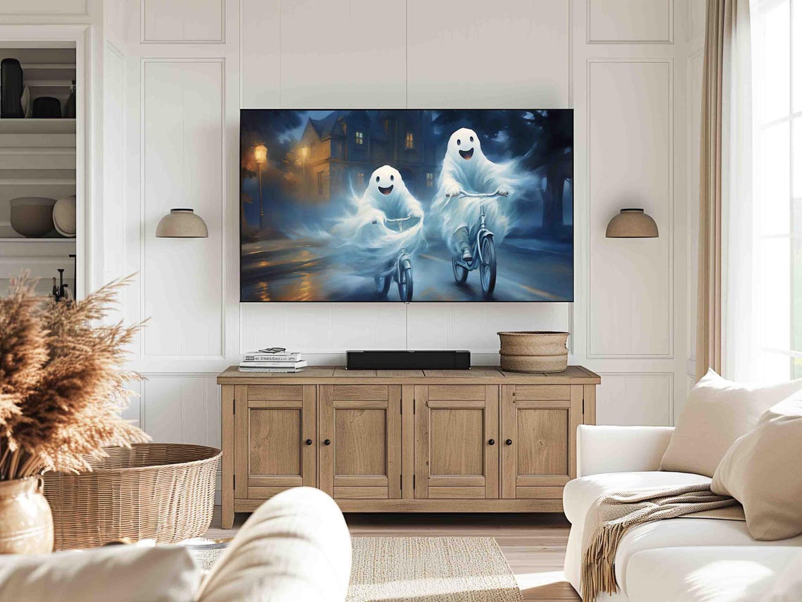 Spooky Cute Ghosts Riding Bicycles Night Street Halloween Poster - Image 4
