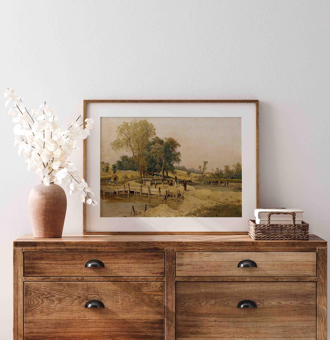 Riverbank Scene With Wooden Footbridge Haystacks and Cattle Poster - Image 3