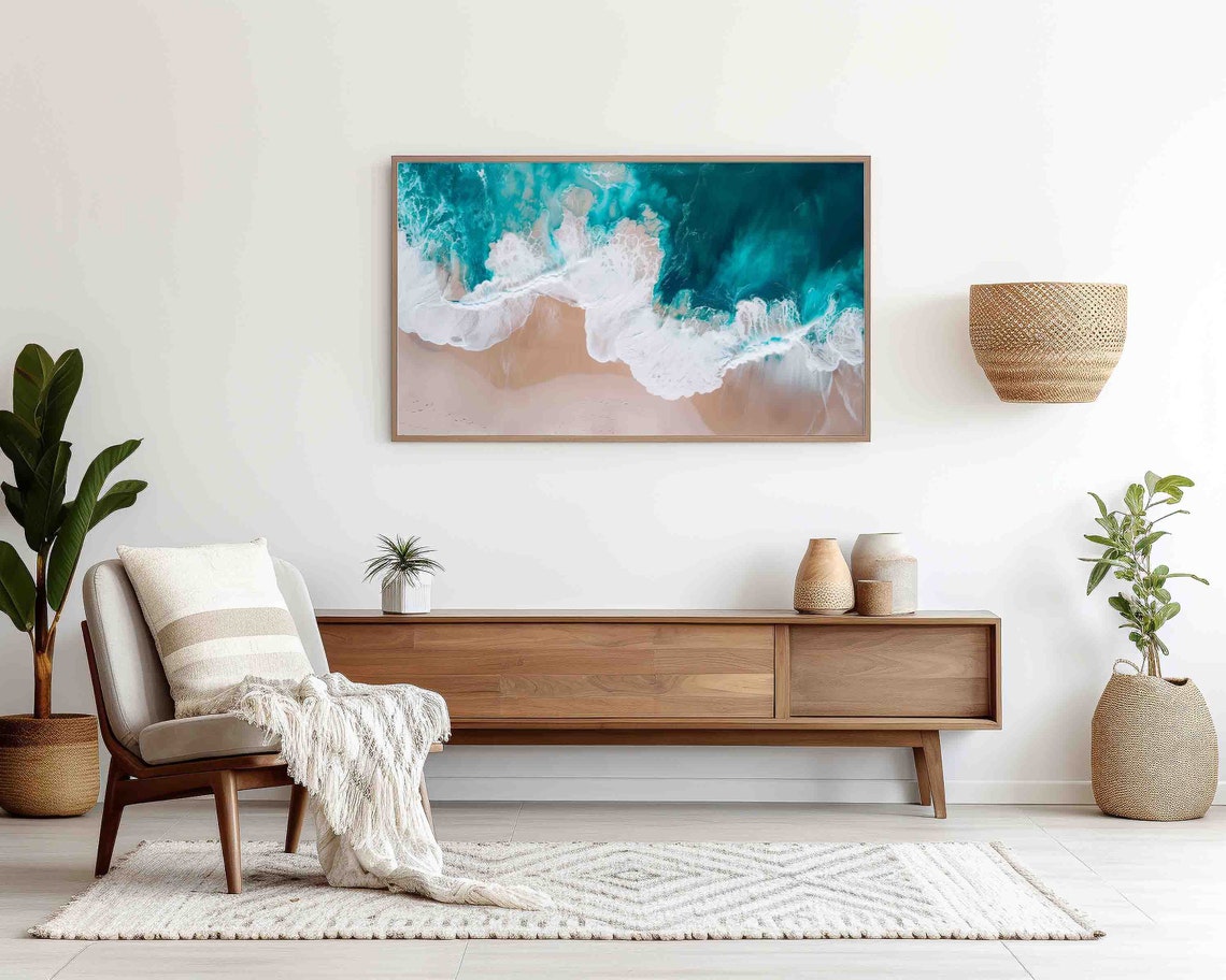 Aerial View of Turquoise Ocean Waves Meeting Sandy Shore Print - Image 2