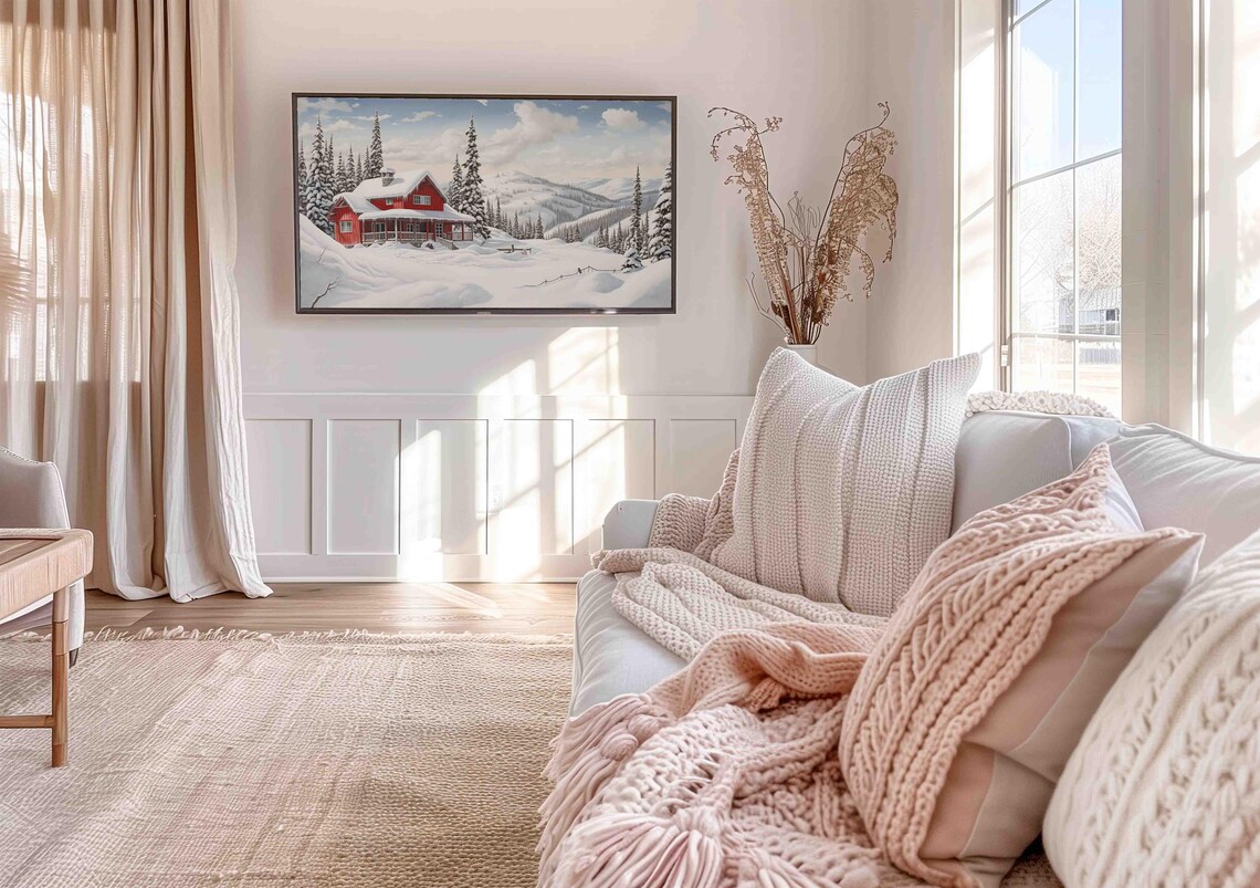 Cozy Red Mountain Cabin Snowy Pines Valley Frame TV Art Poster - Image 3