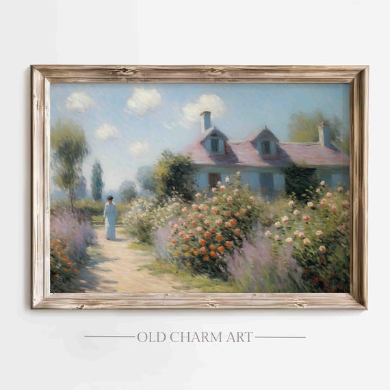 Cottage Garden Print Vintage Landscape Painting Rustic Scenery Wall Art Farmhouse Decor Art Print Wa129