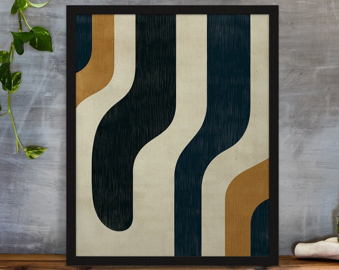 Vertical Wavy Stripes Navy Cream Ochre Retro Abstract Poster