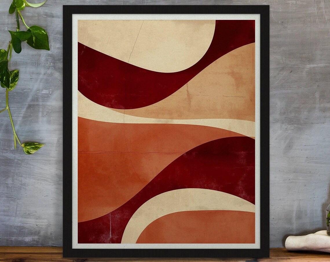 Burgundy Terracotta Cream Wavy Lines Mid Century Abstract Poster