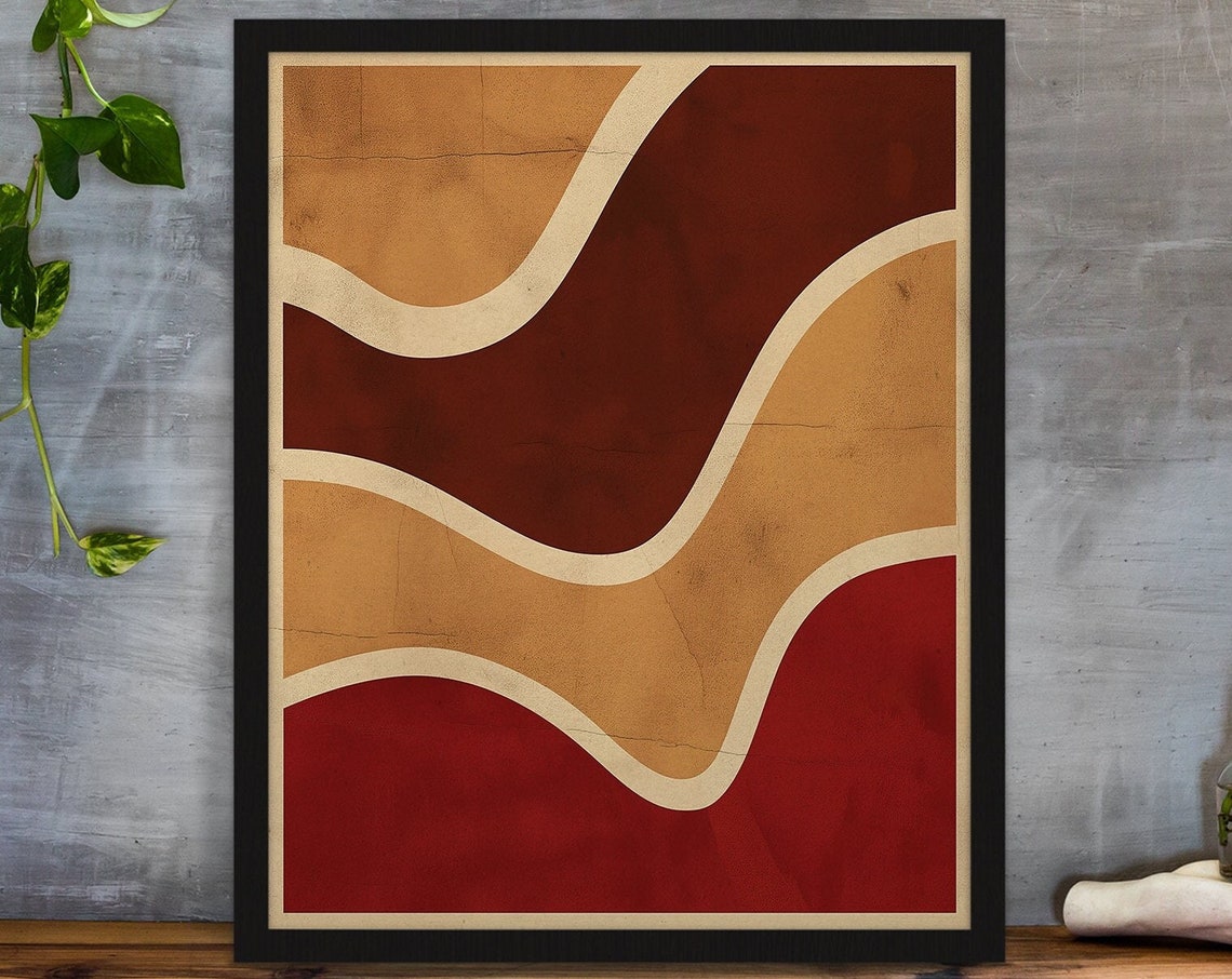 Terracotta Wavy Lines Mid Century Abstract Wall Decor Poster